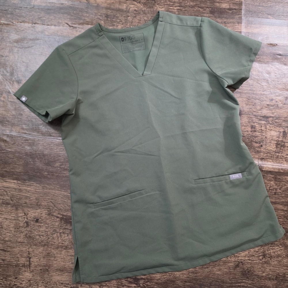 FIGS Scrub Top Women Small Olive Green V-Neck Technical Collection Short Sleeve